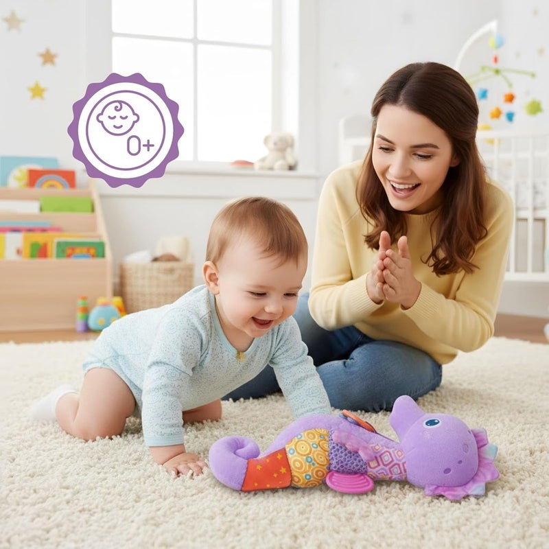 Coqin ألعاب الأطفال 0-6 أشهر، حيوانات بحرية موسيقية على شكل فرس البحر محشوة، ألعاب حسية بألوان زاهية، قوام متعددة، جرس وصوت ورق مجعد، لعبة وقت البطن للأطفال حديثي الولادة 0-12 أشهر - بنفسجي - Image 5